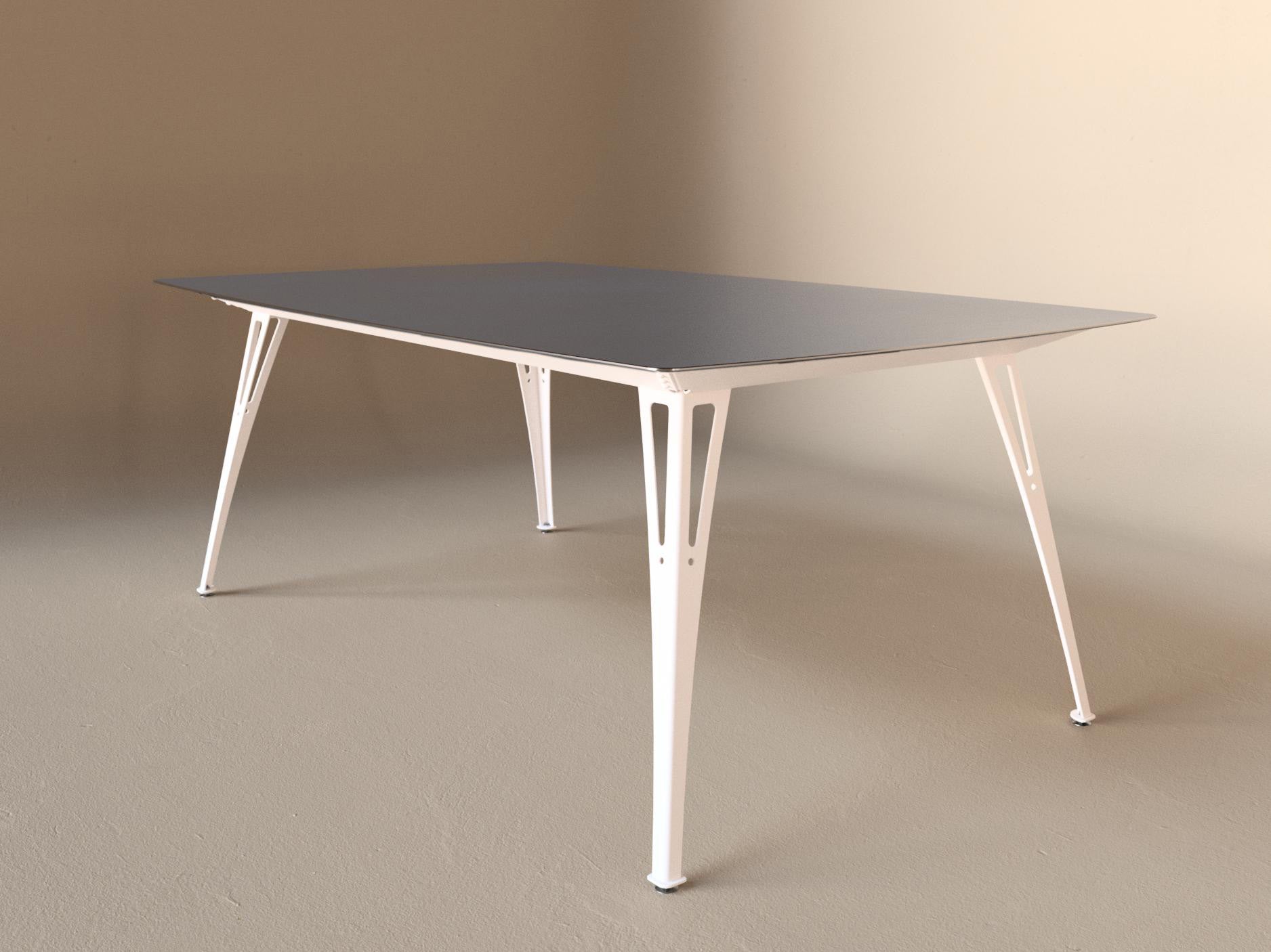 Custom Fortis dining table, 6 seat wide format, with raw steel top and white base
