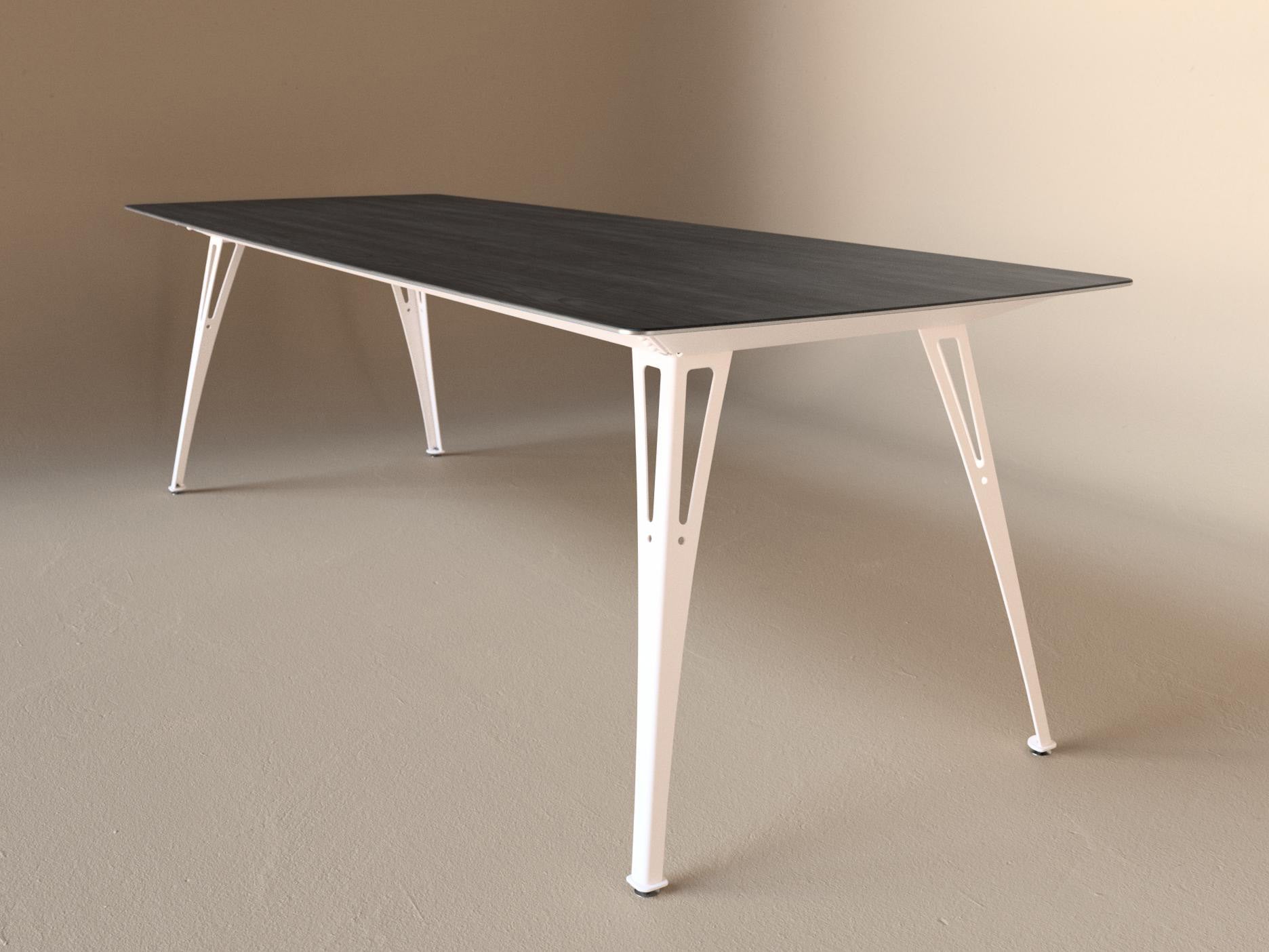 Custom Fortis dining table, 8 seat narrow format, with black maple top and white base