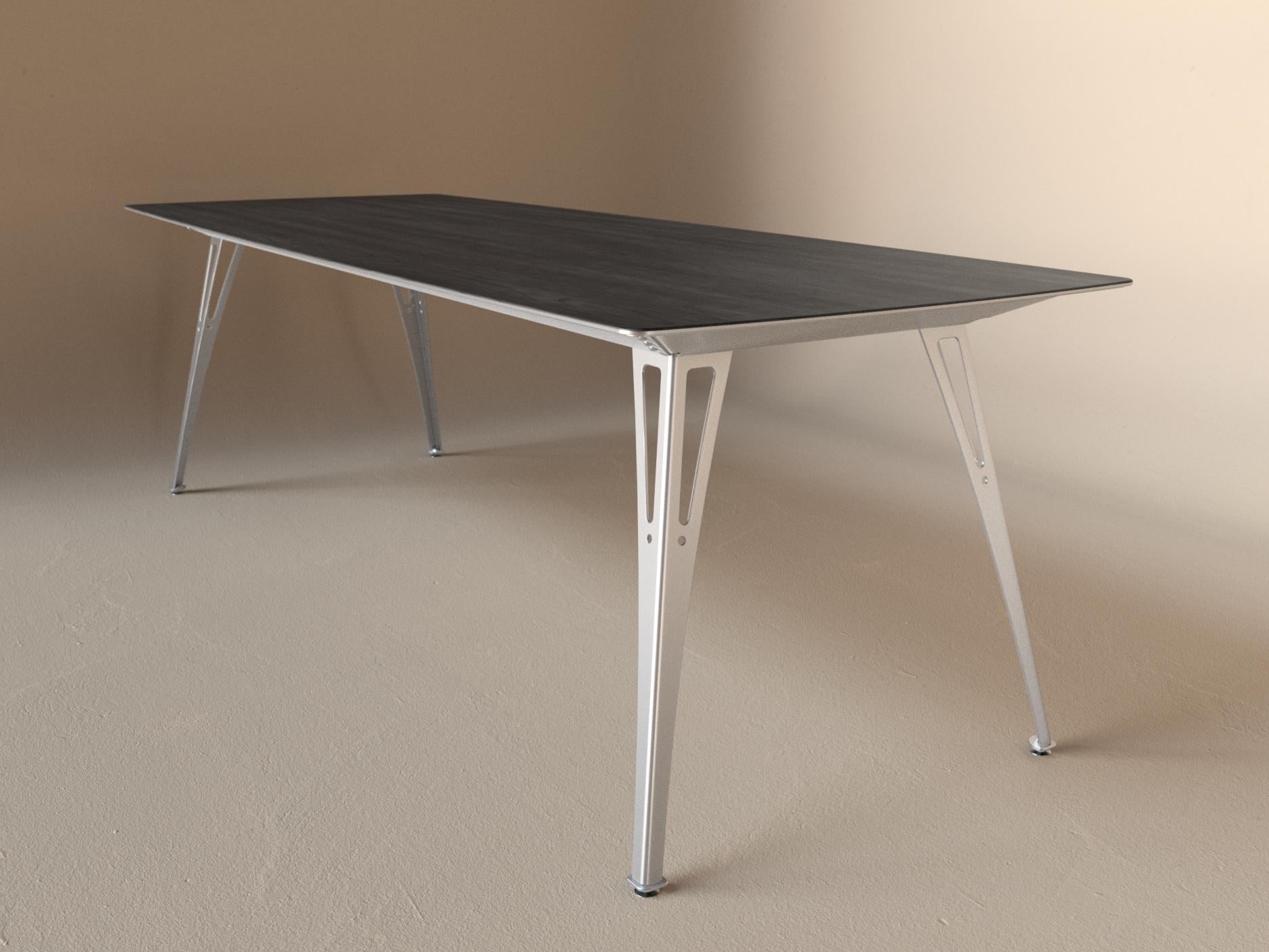 Custom Fortis dining table, 8 seat narrow format, with black maple top and aluminum base