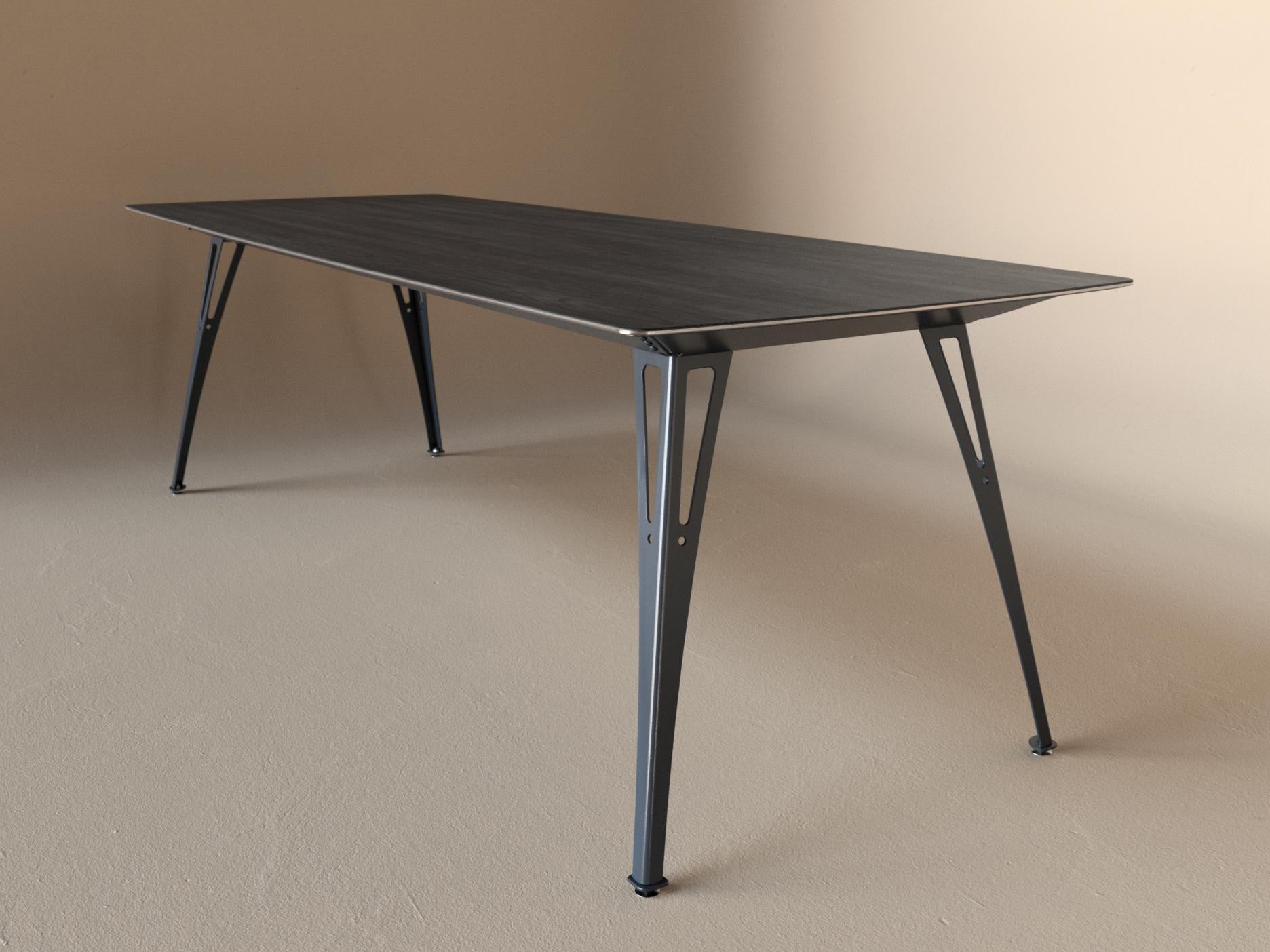 Custom Fortis dining table, 8 seat narrow format, with black maple top and raw steel base
