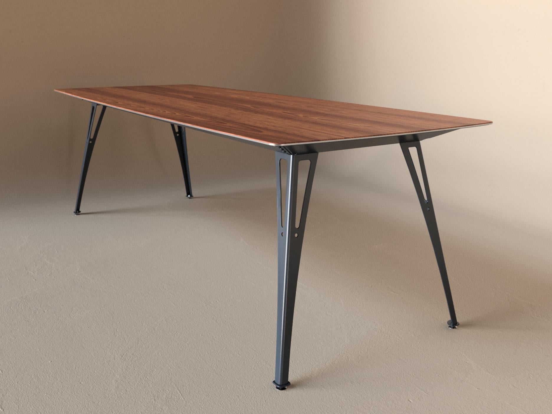 Custom Fortis dining table, 8 seat narrow format, with cherry top and raw steel base