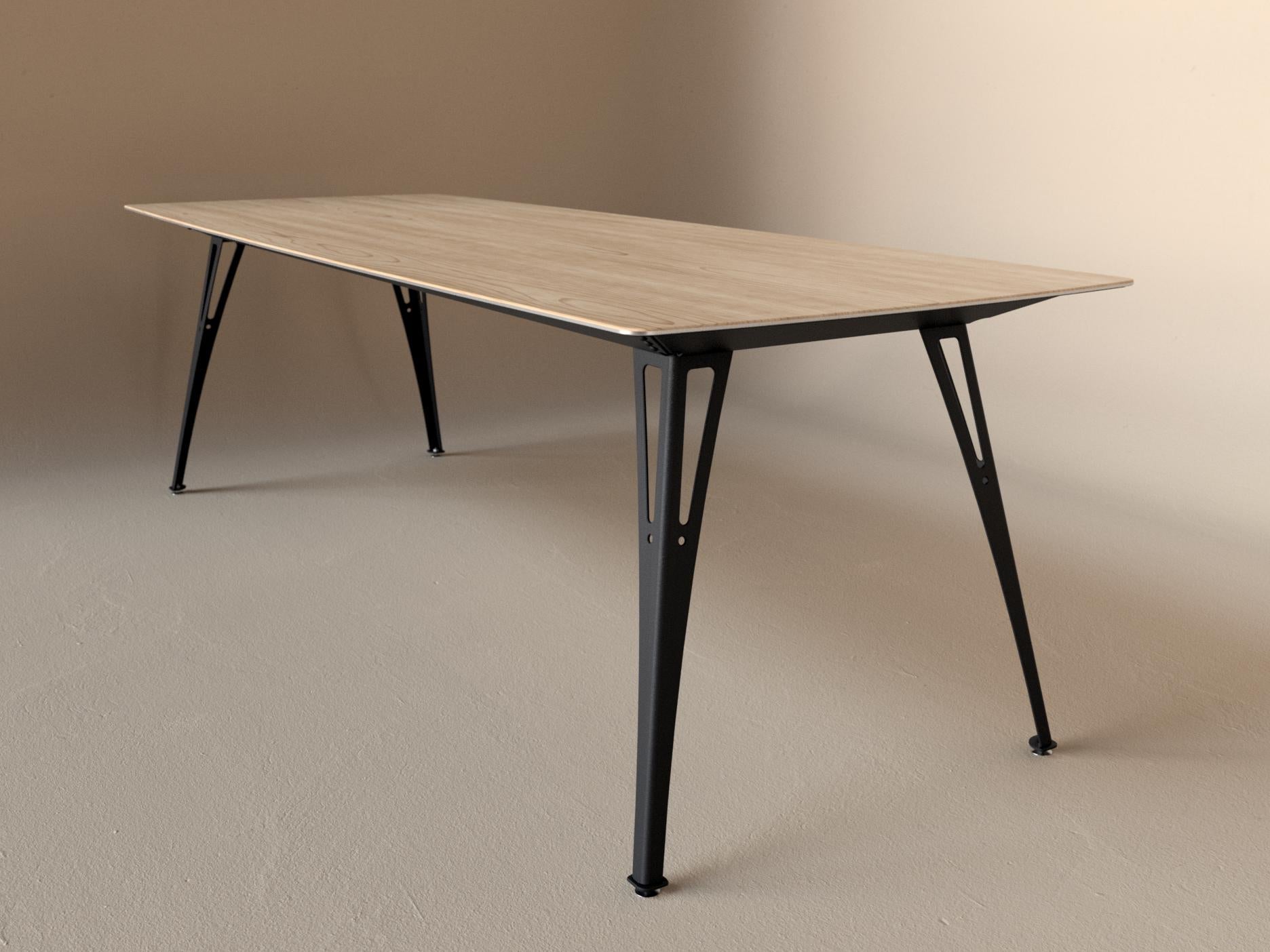 Custom Fortis dining table, 8 seat narrow format, with maple top and black base