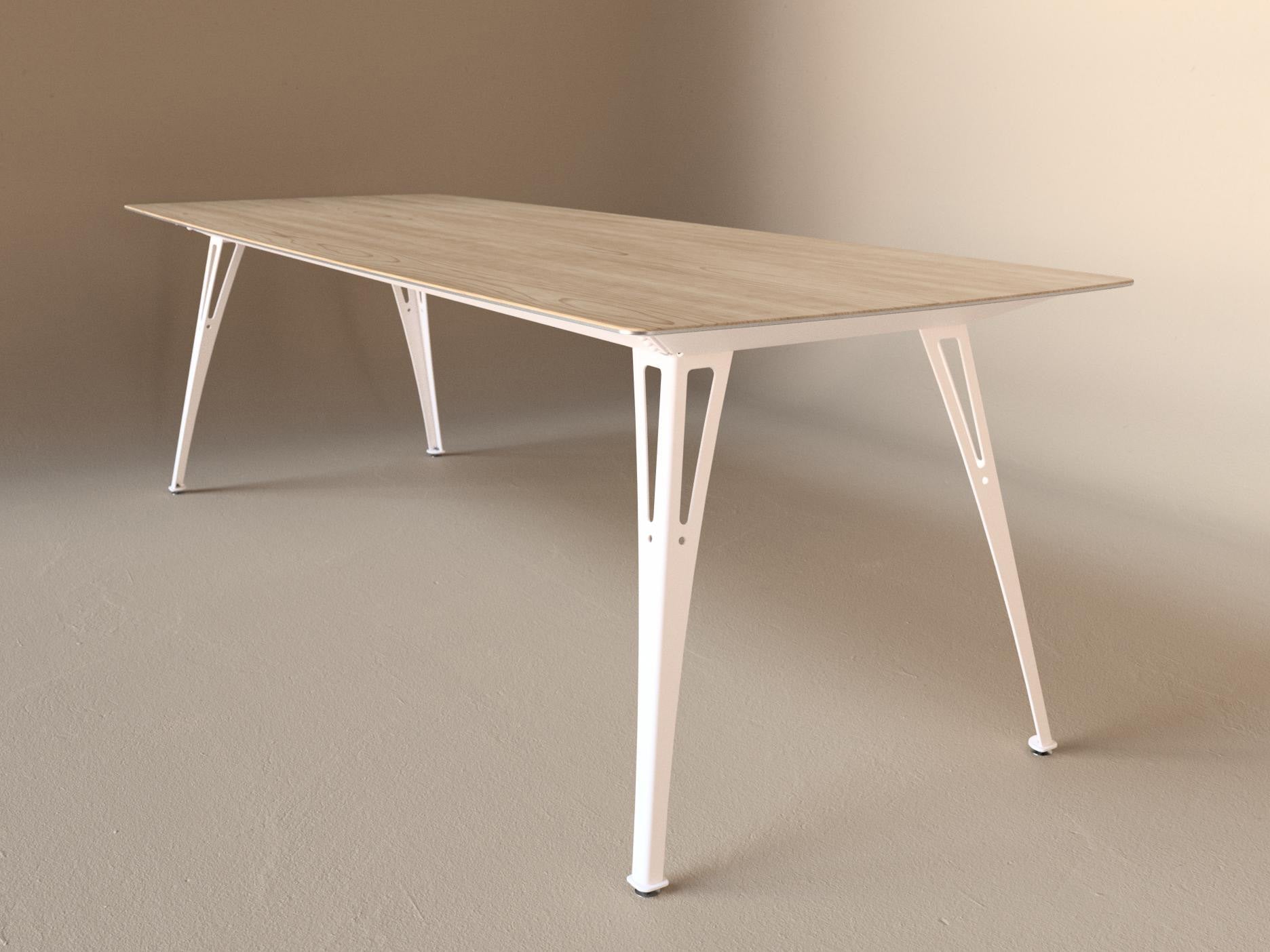 Custom Fortis dining table, 8 seat narrow format, with maple top and white base