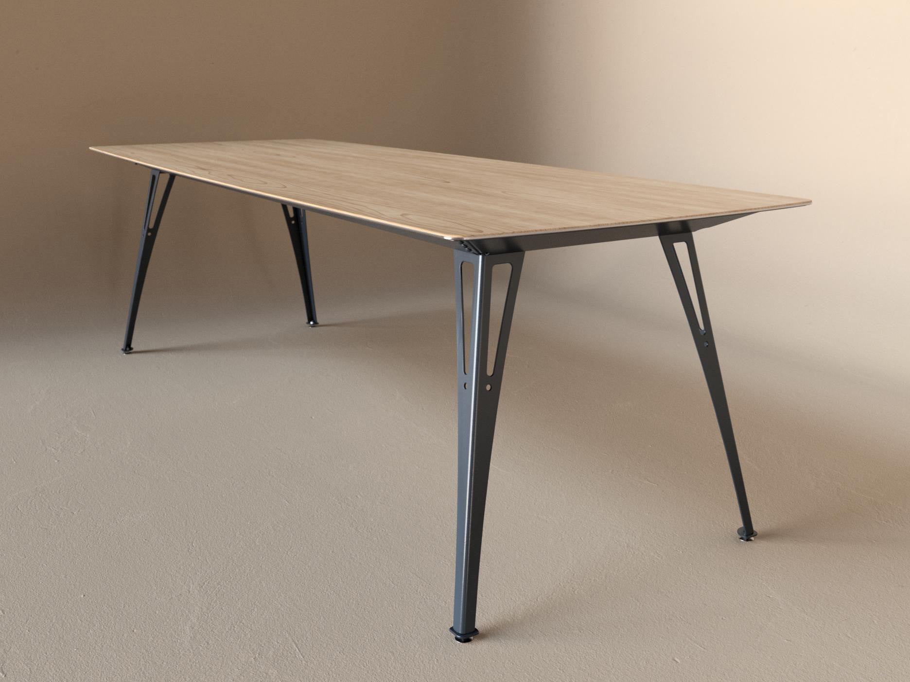Custom Fortis dining table, 8 seat narrow format, with maple top and raw steel base