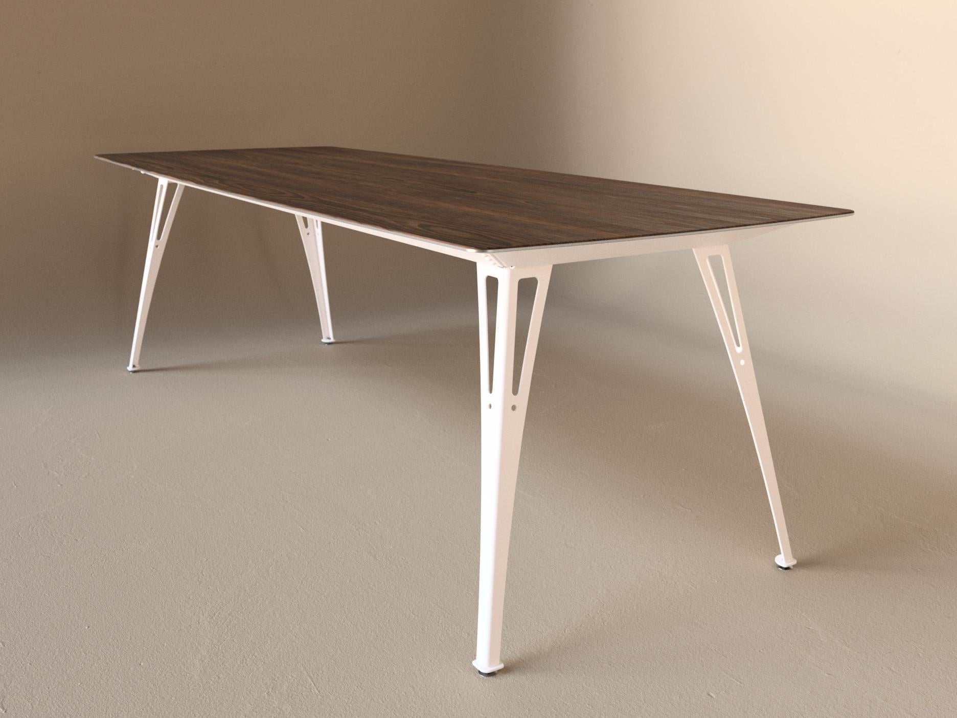 Custom Fortis dining table, 8 seat narrow format, with walnut top and white base