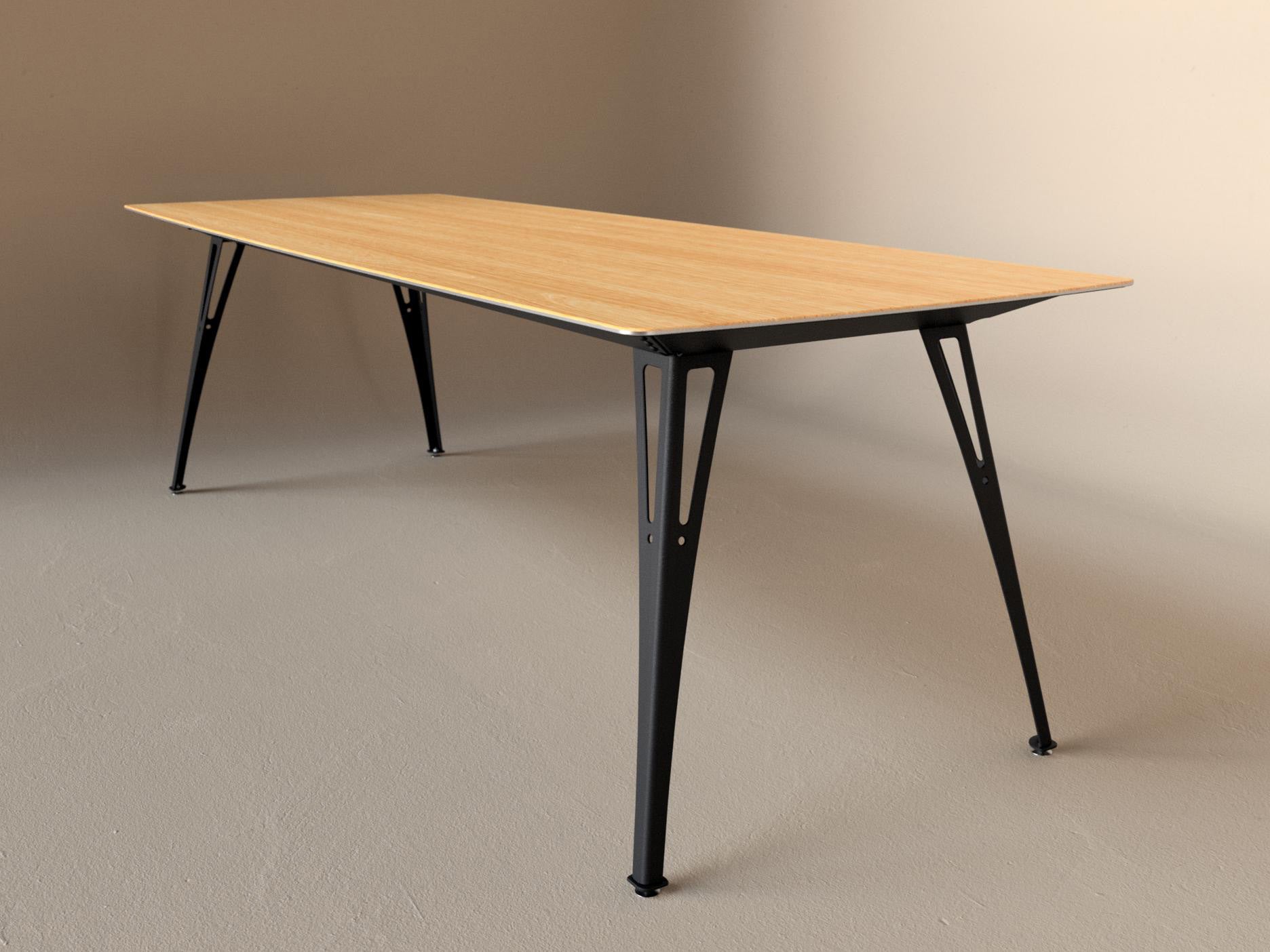 Custom Fortis dining table, 8 seat narrow format, with white oak top and black base