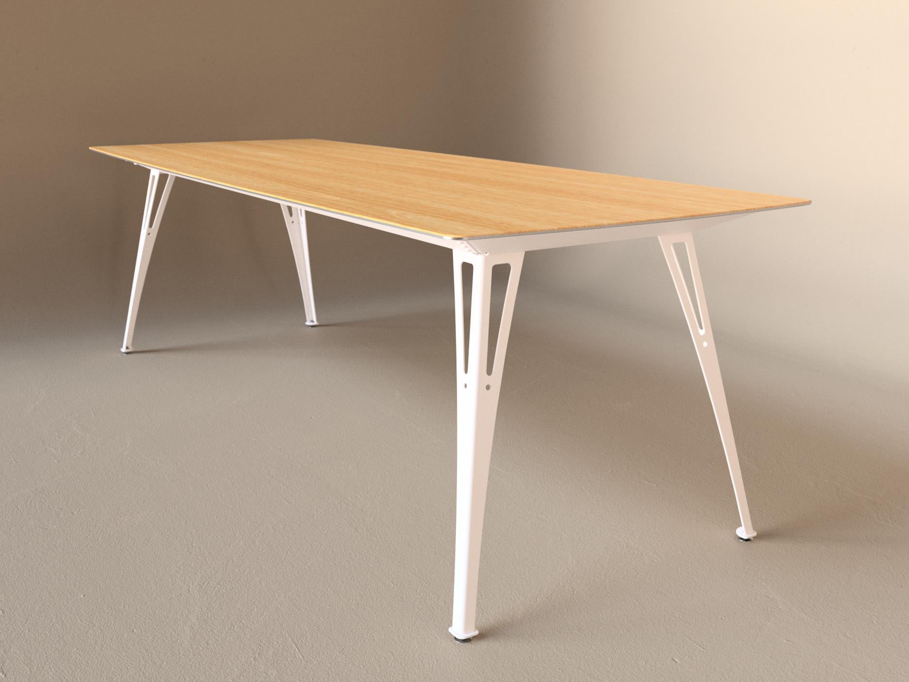 Custom Fortis dining table, 8 seat narrow format, with white oak top and white base