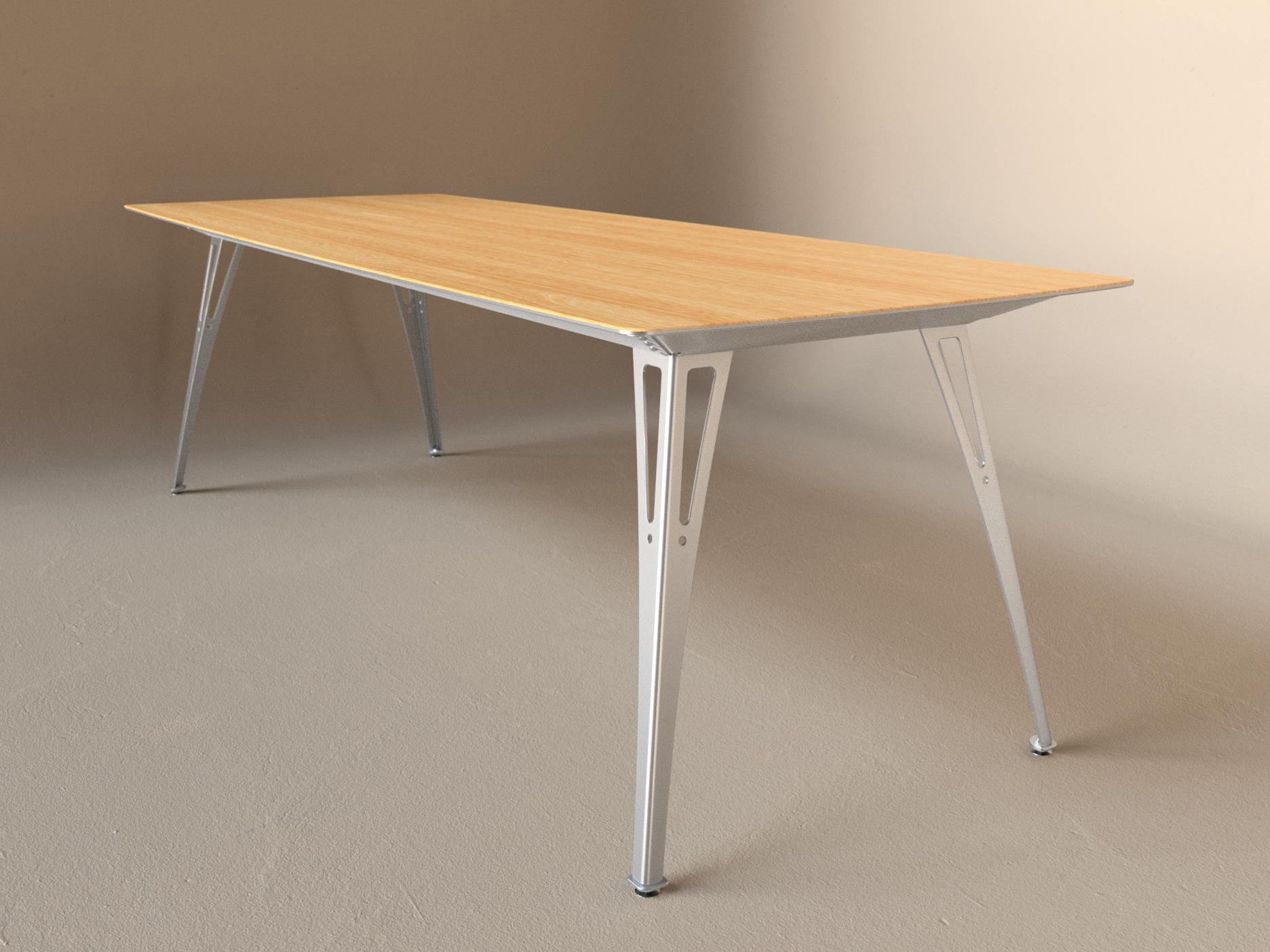 Custom Fortis dining table, 8 seat narrow format, with white oak top and aluminum base