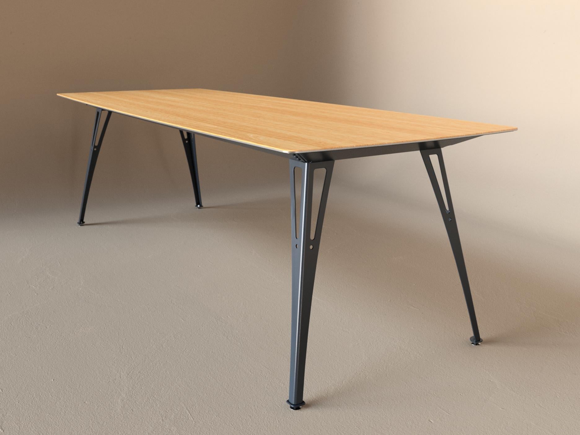 Custom Fortis dining table, 8 seat narrow format, with white oak top and raw steel base
