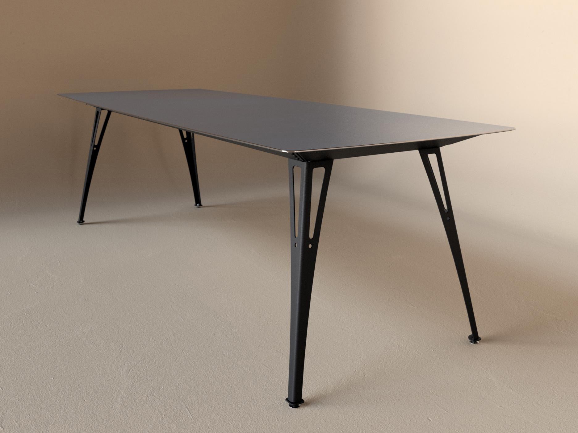 Custom Fortis dining table, 8 seat narrow format, with raw steel top and black base