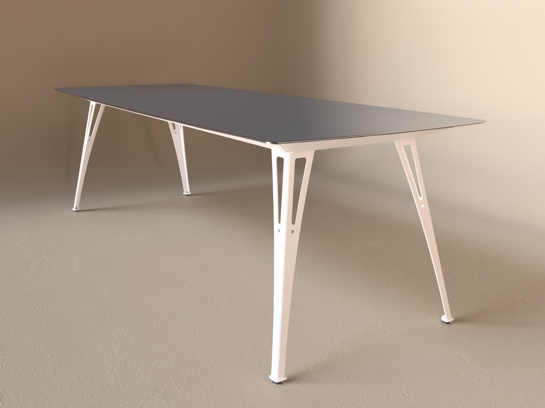 Custom Fortis dining table, 8 seat narrow format, with raw steel top and white base