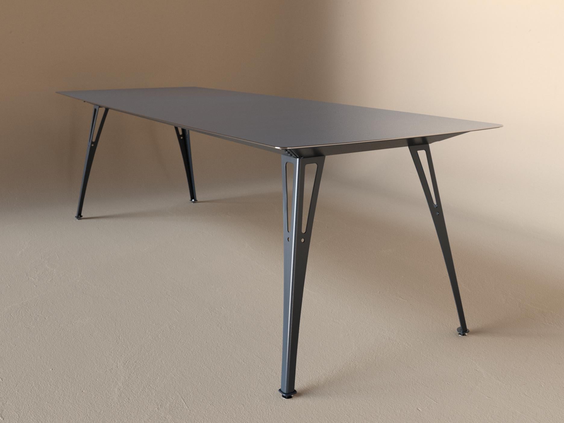 Custom Fortis dining table, 8 seat narrow format, with raw steel top and raw steel base
