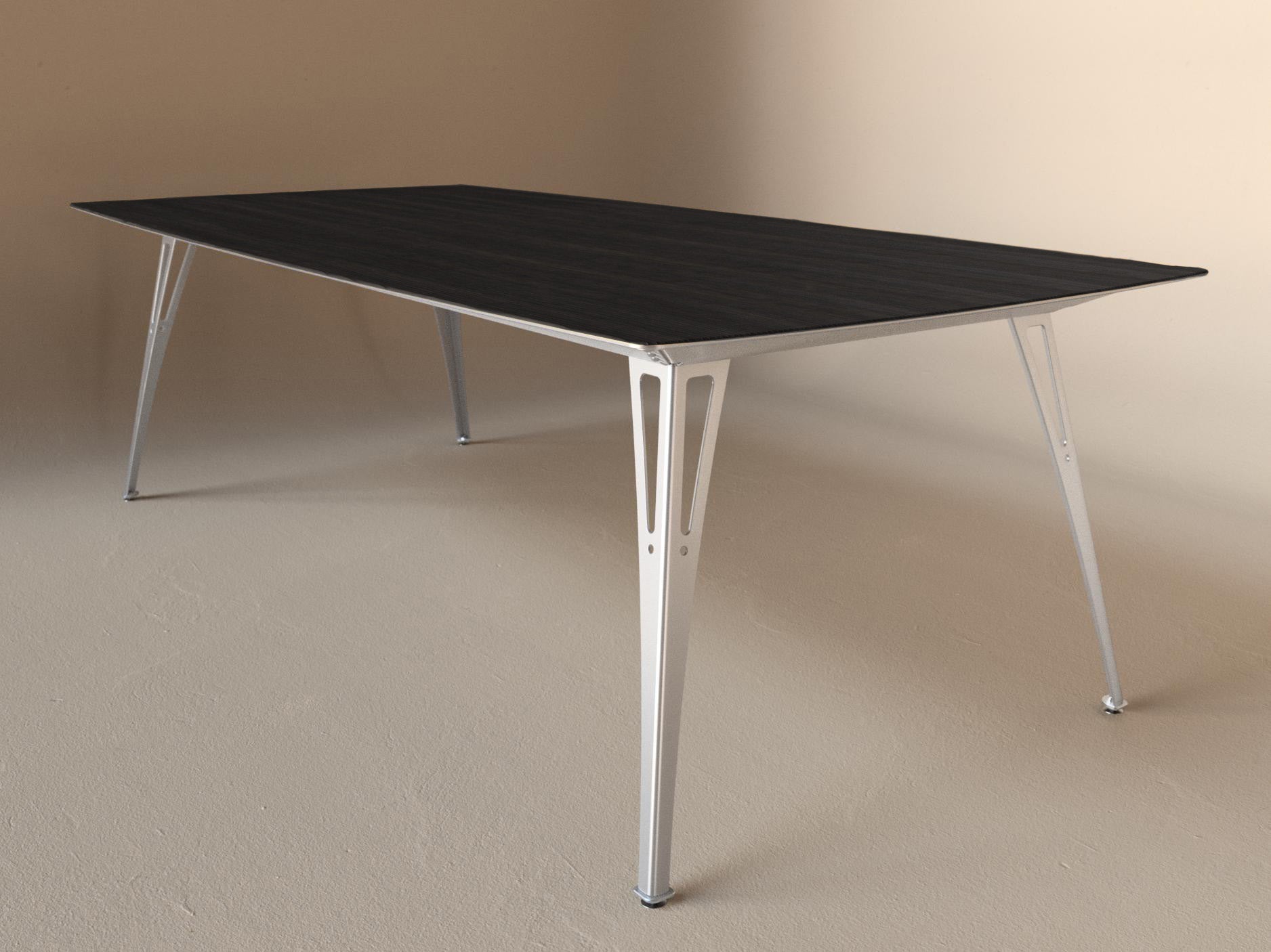 Custom Fortis dining table, 8 seat wide format, with black maple top and aluminum base