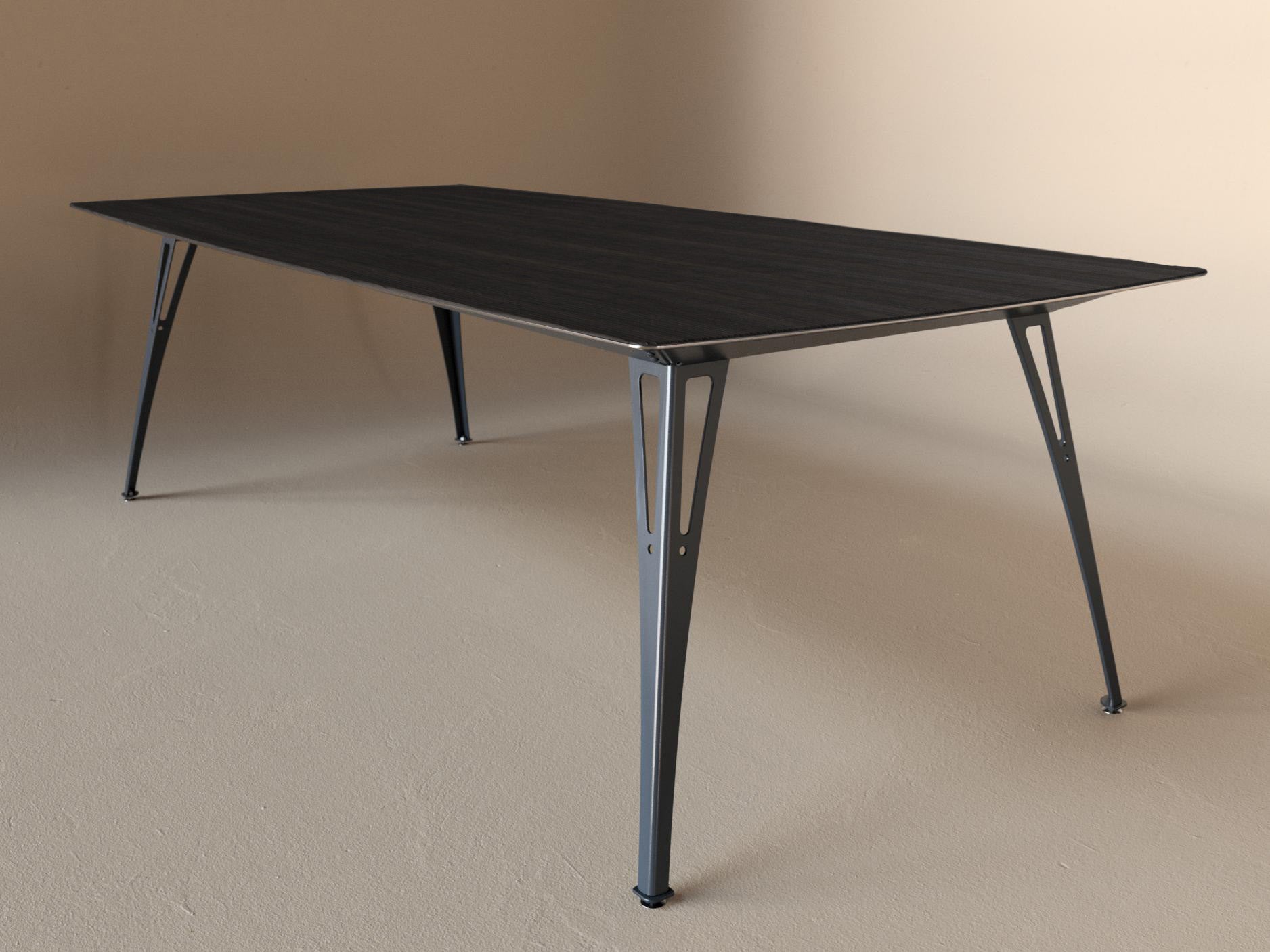 Custom Fortis dining table, 8 seat wide format, with black maple top and raw steel base