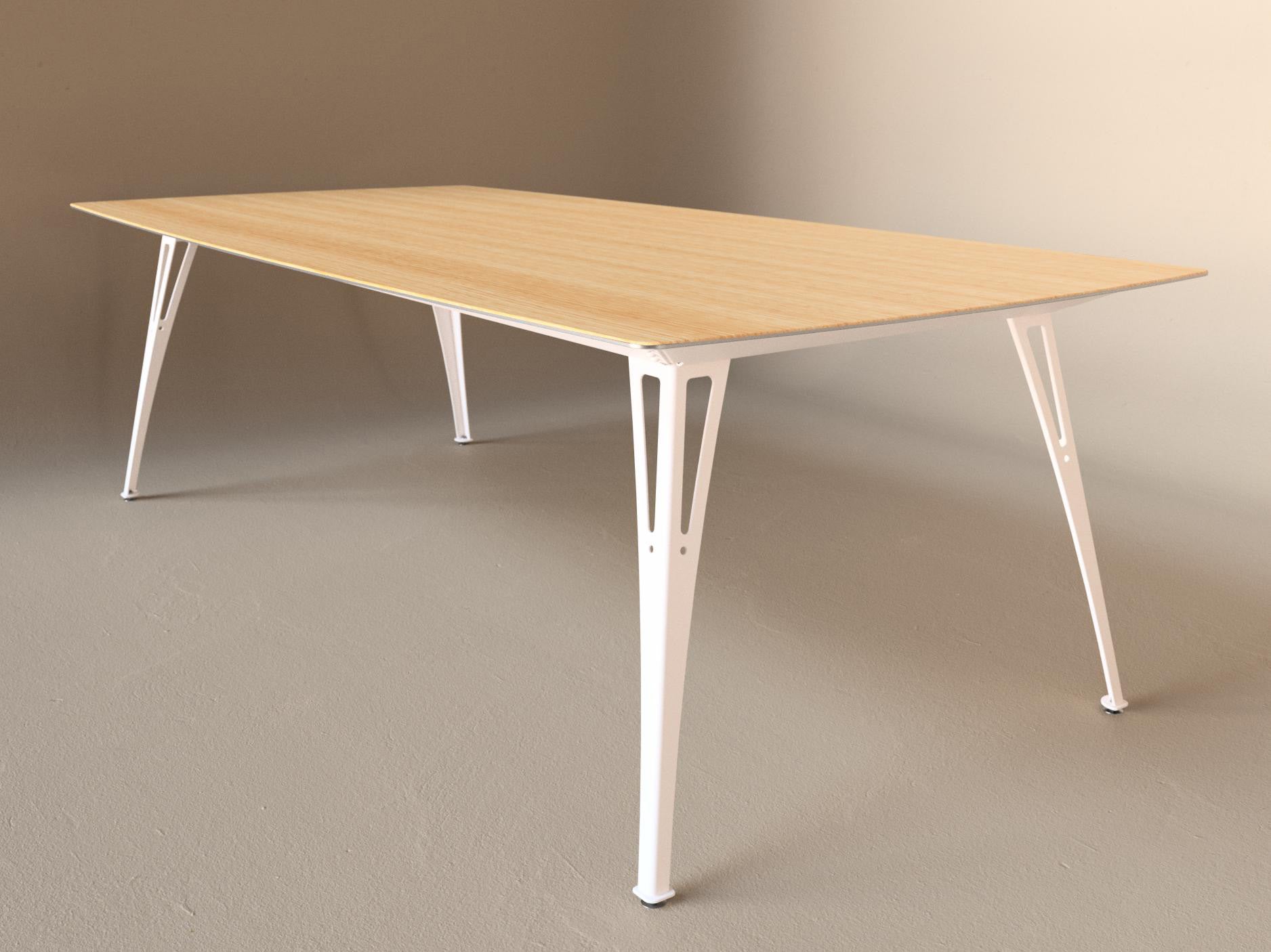 Custom Fortis dining table, 8 seat wide format, with white oak top and white base