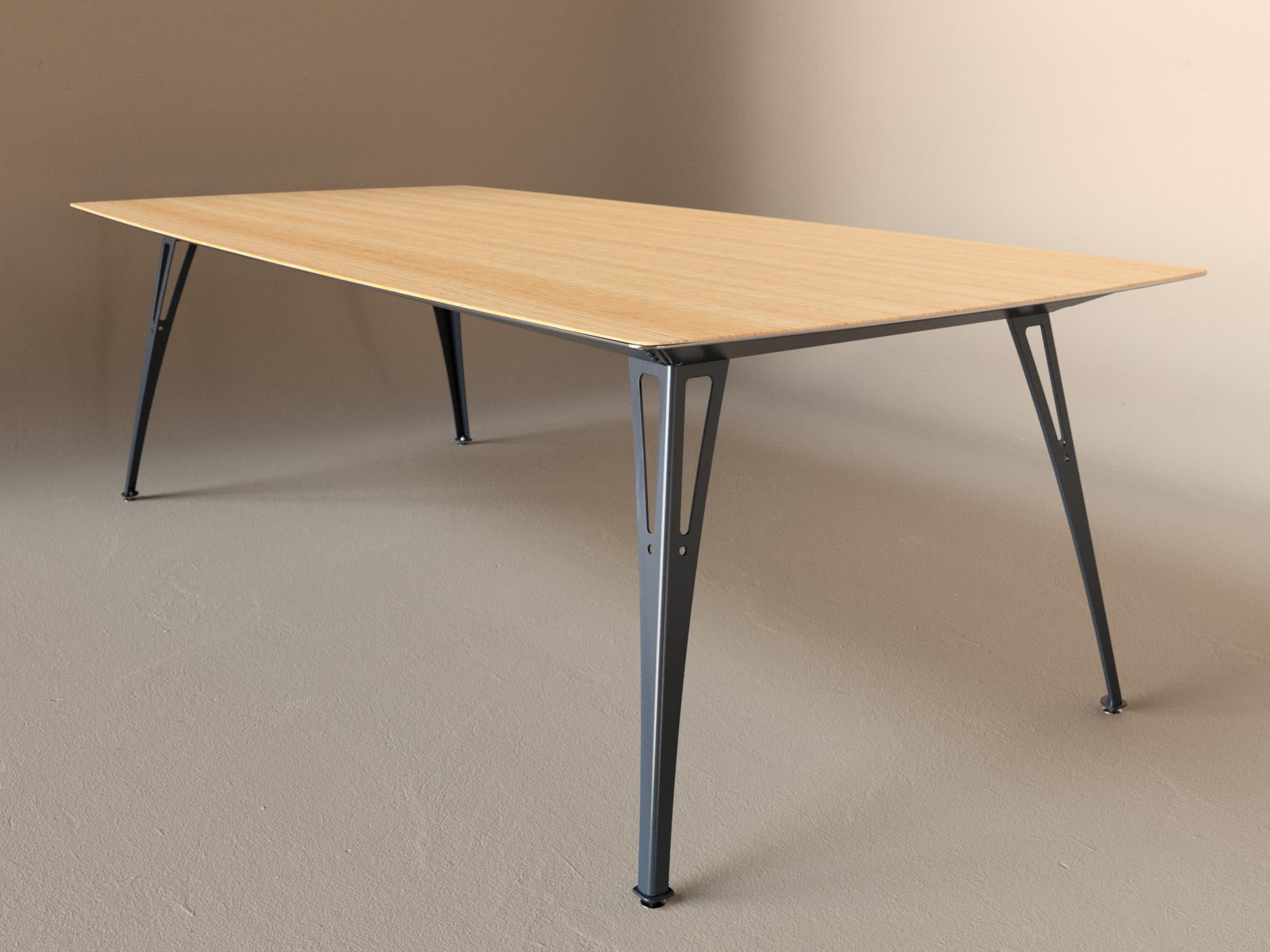 Custom Fortis dining table, 8 seat wide format, with white oak top and raw steel base