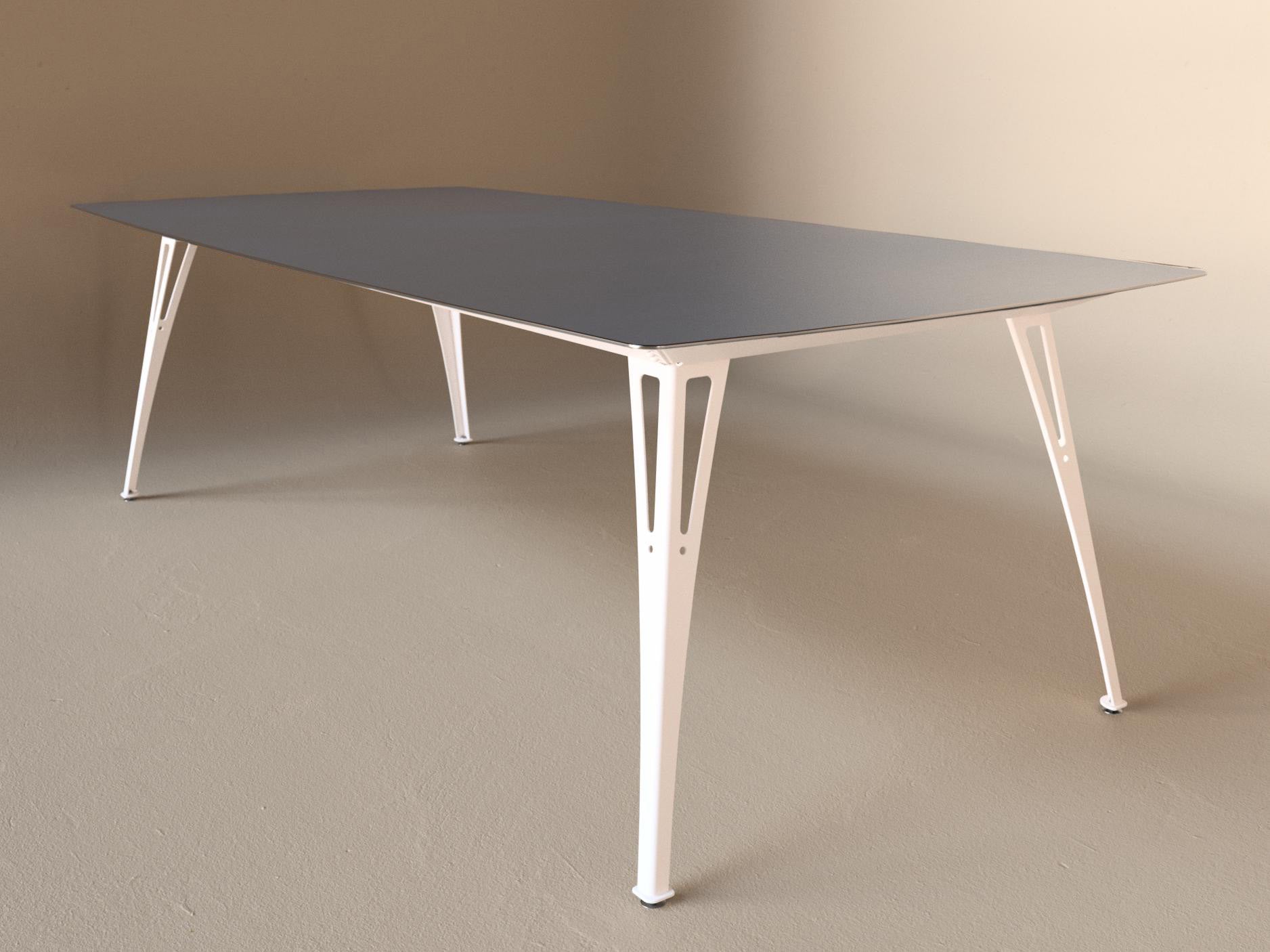 Custom Fortis dining table, 8 seat wide format, with raw steel top and white base